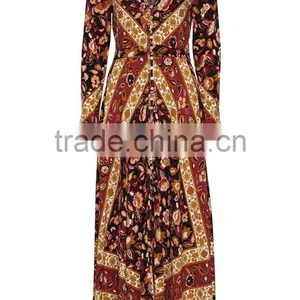 Bohemian Front Button Down Vintage Long Sleeve One Piece Maxi Dress HSd5170 thumbnail-6
