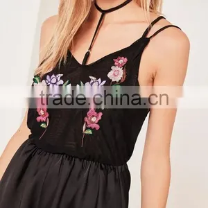 2017 Sexy Black Satin Pyjama Set Embroidered Custom Logo Harness Sweet Floral Teddy With Elasticated Waist thumbnail-3