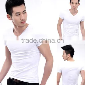 Bulk Wholesale Men's V-Neck Short Sleeve T-Shirt Slim Basic Tee Top Plain T Shirts For Printing thumbnail-3