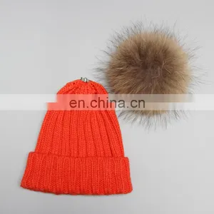 Top Grade Red Child Pompom Hats for Kids With 15cm Large Raccoon Fur Ball thumbnail-6