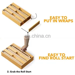 Eco-friendly Bamboo 3 in 1 Foil and Plastic Wrap Dispenser With Slide Cutter Wall Mount Kitchen Tabletop Home Storage Organizer thumbnail-3