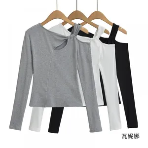 European/American Style Pure Erotic Short-sleeved Long-sleeved Top With Shoulder Slit, Matching Shoulder Undergarment, Casual T-shirt thumbnail-2