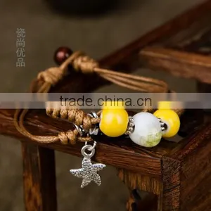 Handmade Vintage Porcelain Beads Bracelet Leather Woven Bracelets thumbnail-2