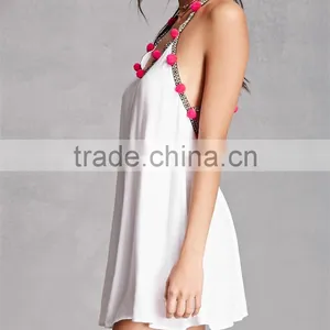 Good Quality V-neckline Embroidered Detailing Pom Pom Halter Dress thumbnail-2