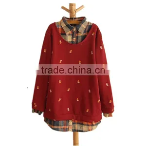 Spring and Autumn Lovely Printed Fake 2pcs Long Sleeve Blouse Designs Fashion Women Plaid Shirt thumbnail-2