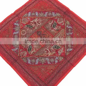 Large Square Pillow Sham - Red Zari Embroidery Peacock Floor Cushion 26 Inch thumbnail-2