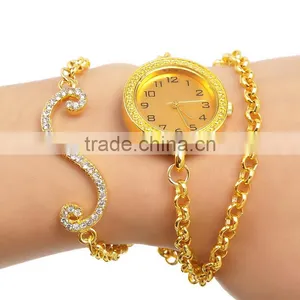 New Fashion Wrap Around Chain Bracelet Wrist Watch Round Golden Vine Findings Clear Rhinestone 60cm1pc,8seasons thumbnail-1