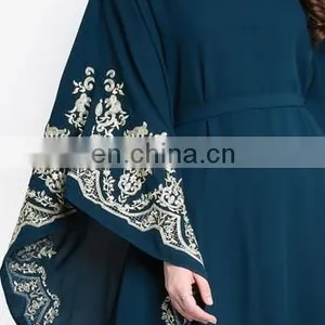 Women V-Neck Blue Abaya Muslim Dress With Embroidery thumbnail-4