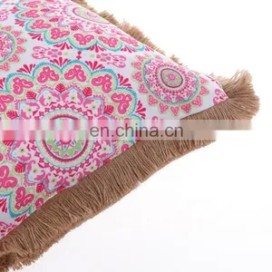 Custom Made Decorative 3D Printed Pink Flowers Outdoor Bench Waterproof Throw Pillow Cushion With Jute Fringe thumbnail-5
