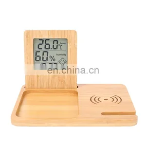 Three in One Bedside Table Wireless Charging Station Planner Pad Ipad Holder Temperature and Humidity Weather Clock Bamboo Set thumbnail-4