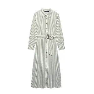 New Women's European and American Style French Fashion Dress With Waist Belt, Striped MIDI Dress thumbnail-1