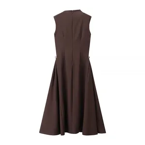 Summer New Women's Clothing European and American Sweet and Fresh Pure Color Sleeveless Elegant High Waisted Round Neck Dress thumbnail-5