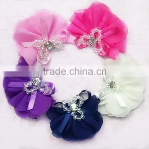 Wholesale Handmade 3" Chiffon Fabric Rhinestones With Pearls Bow,chiffon Pealrs Flower Brooches Hair Bow thumbnail-3