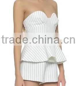 Women Strapless Bright Stripped Pleated Deign Short Jumpsuit With Plastic Bones Inside Visible Back thumbnail-3