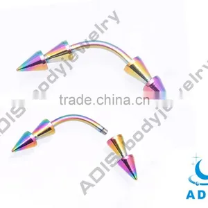 Rainbow Anodized G23 Titanium Eyebrow Piercing With Double Cones thumbnail-1