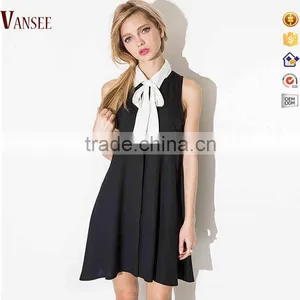 Women Crew Neck Short Sleeve Black Tank Mini Dress thumbnail-1