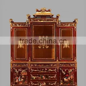 Antique Hand Carved Classic Curio Cupboard Inlaied Seasell Mosaic, Gold Gilding Wooden Display Cabinets With Flowers Paint Motif thumbnail-1