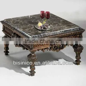 Luxury Spanish Style Living Room Square Hand Carved Wooden Coffee Table Marble Table Top thumbnail-1