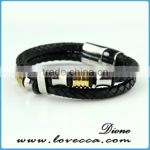 Silver Plated Stainless Steel Charms With Black Leather for Men Magnetic Bracelet thumbnail-1
