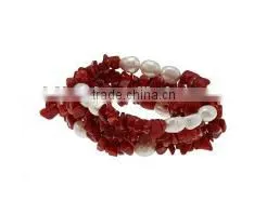 Wholesale 7" 5-row Stretch Style 7mm Red Coral Gemstone Chip Bracelets With 7mm Baroque White Pearls thumbnail-1
