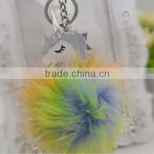 Shiny Unicorn Horse Animal Fur Pom Pom Keychain Bag Charms Unique Faux Fur Ball Bag Charms 2017 Keychain Premium Gifts thumbnail-2