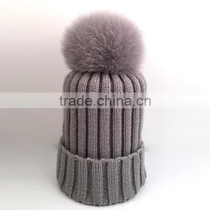 Myfur Wholesale Women Wool Beanie With Genuine Fox Body Fur Bobble thumbnail-1