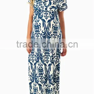 TEAL DAMASK PRINTED MATERNITY/NURSING MAXI DRESS thumbnail-1