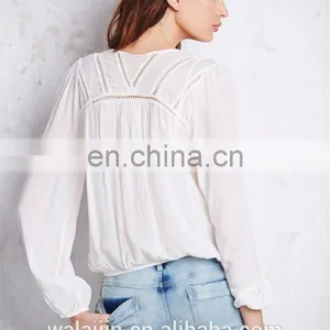 Lace Trimed Long Sleeve Woman Surplice Woven Top thumbnail-6