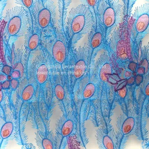 China Factory Peacock Feather Fabric Embroideried Mesh Net Lace Fabric for Wedding thumbnail-1