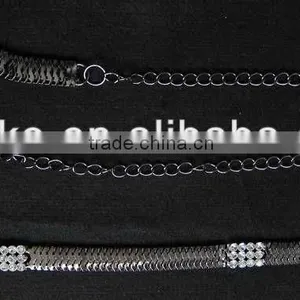 UNDER 34" WAIST (2PARTS 24"+ 21") METAL CHAIN BELT WITH RHINESTONES GUNMETAL COLOR thumbnail-1
