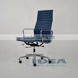 Replica Charles and Ray High Back Ribbed Aluminum Group Desk Chair - Blue Color Genuine Leather thumbnail-1