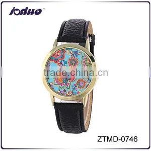 Fashion Blue Flowers Design PU Leather Watches thumbnail-1