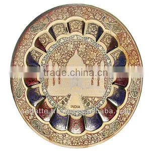 Wall Hanging Indian Decorative Hand Painted Taj Embossed Brass Plate thumbnail-1