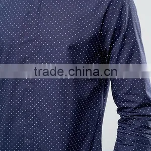 High Quality Long Sleeve Spread Collar Mens Pre-Shrunk 100% Cotton Breathable Slim Fit Casual Navy Point Printed Dress Shirts thumbnail-3