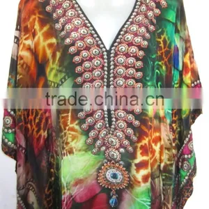 SILK DIGITAL Print Embellished Kaftan CAFTAN Tunic Poncho Blouse thumbnail-2