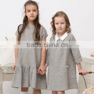 Wholesale Children's Boutique Clothing Spring Summer Girl Dress of 9 Years Old Half Sleeve Peter Pan Collar Vintage Linen Dress thumbnail-1
