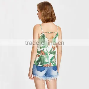 Hot Design Floral Print Sexy Top, Ladies V Neck Silk Short Tan Top thumbnail-3