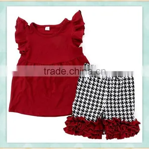 Wholesale Baby Clothes Red Flutter Sleeve Top and Black and White Squares Capri Pants Children Outfit thumbnail-1