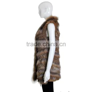 YR646 Stylish Real Rabbit Knit and Raccoon Fur Waistcoat Euro Long Fur Gilet thumbnail-2