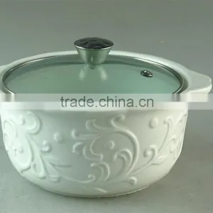 White Embossing Ceramic Soup Tureen With Glass Cover/lid in Stocklot thumbnail-2