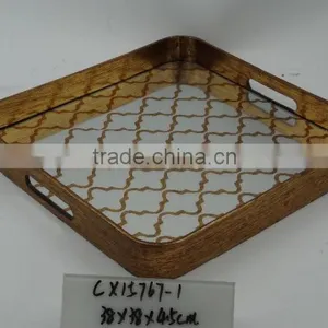 Golden Painted Square Wooden Glass Mirror Tray thumbnail-1