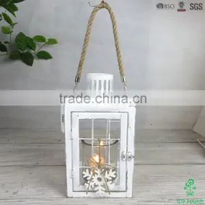S Size Antique White Metal Lantern With Glass Candle Holder and Jute Rope Handle thumbnail-1