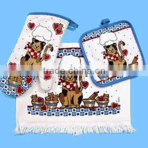 3 Pcs Pigment Print Cotton Cooking Kitchen Oven Mitten Set thumbnail-1