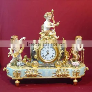Vintage Art Decorated Ceramic Enamel Table Clock, Ornate Angel Playing Instrument Gilt and Turquoise Desk Clock thumbnail-4