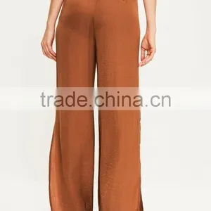 Wholesale Ladies Brown Tie Waist Wide Leg Split Side Pants Women Wide Leg Satin Pants thumbnail-3
