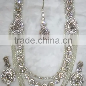 PEARL CRYSTAL Gold Plated BRIDAL Necklace EARRING Set thumbnail-2