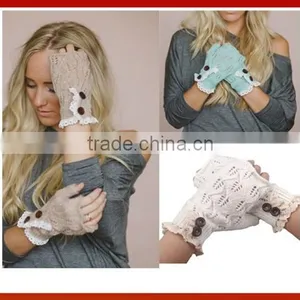 Women's Winter Colored Gloves With Lace And Buttons/New Design Lace Trim Knitted Ladies Hand Gloves thumbnail-1