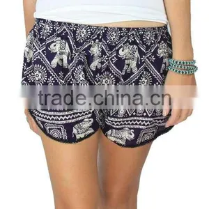 Vintage Bohomian Hippies Gypsy Girls Womens Pom Pom Trimming Shorts Elephant Ethnic Cotton Printed Ladies Viscose Beach Casual thumbnail-5
