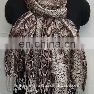 Silk Pashmina Wool Shawls, Hand Printed With Fringes thumbnail-4
