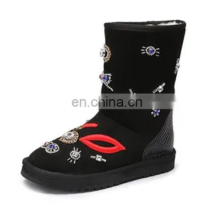 Aidocrystal Fashion Sexy Black Comfort Red Lip and Lipsticks Pattern Boots With Rhinestone Upper for Women thumbnail-1
